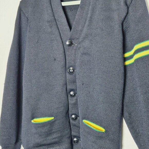 Vintage Men's Navy Lettermans Cardigan Sweater Yellow Stripes Pockets Flawed S - Picture 4 of 11